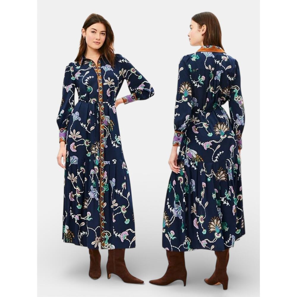 Navy Peacock Floral Midi Shirtdress Pleated Tie Waist Size 6 Office Career Chic
